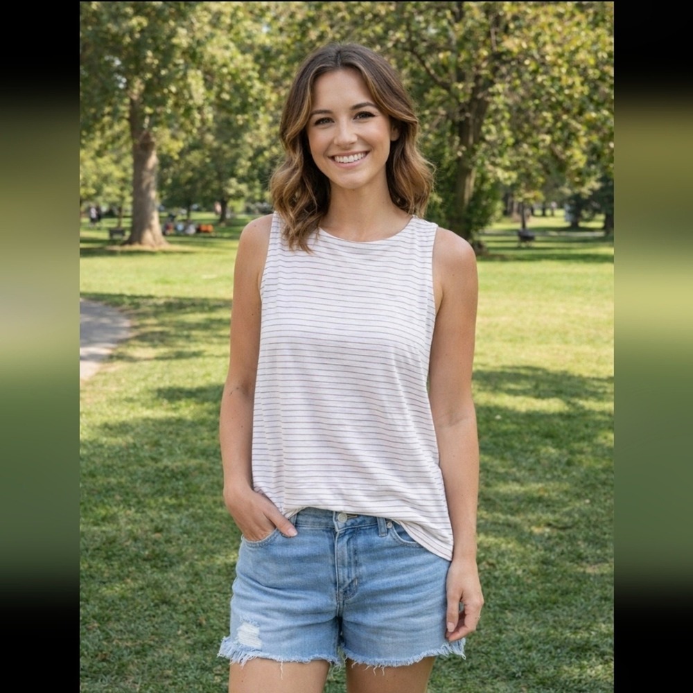 LOFT White and Gray Striped Tank Top